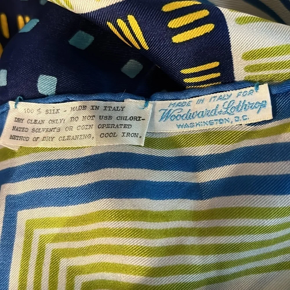 WOODWARD & LOTHROP vintage Italian silk geometric print scarf, blue green yellow